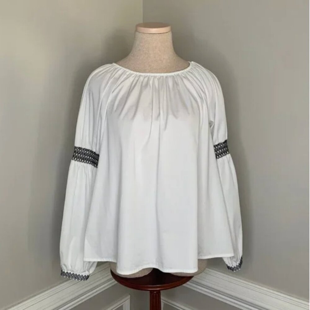 Elizabeth and James Peasant Top Blouse White Embroidered Smocked Sleeve Small